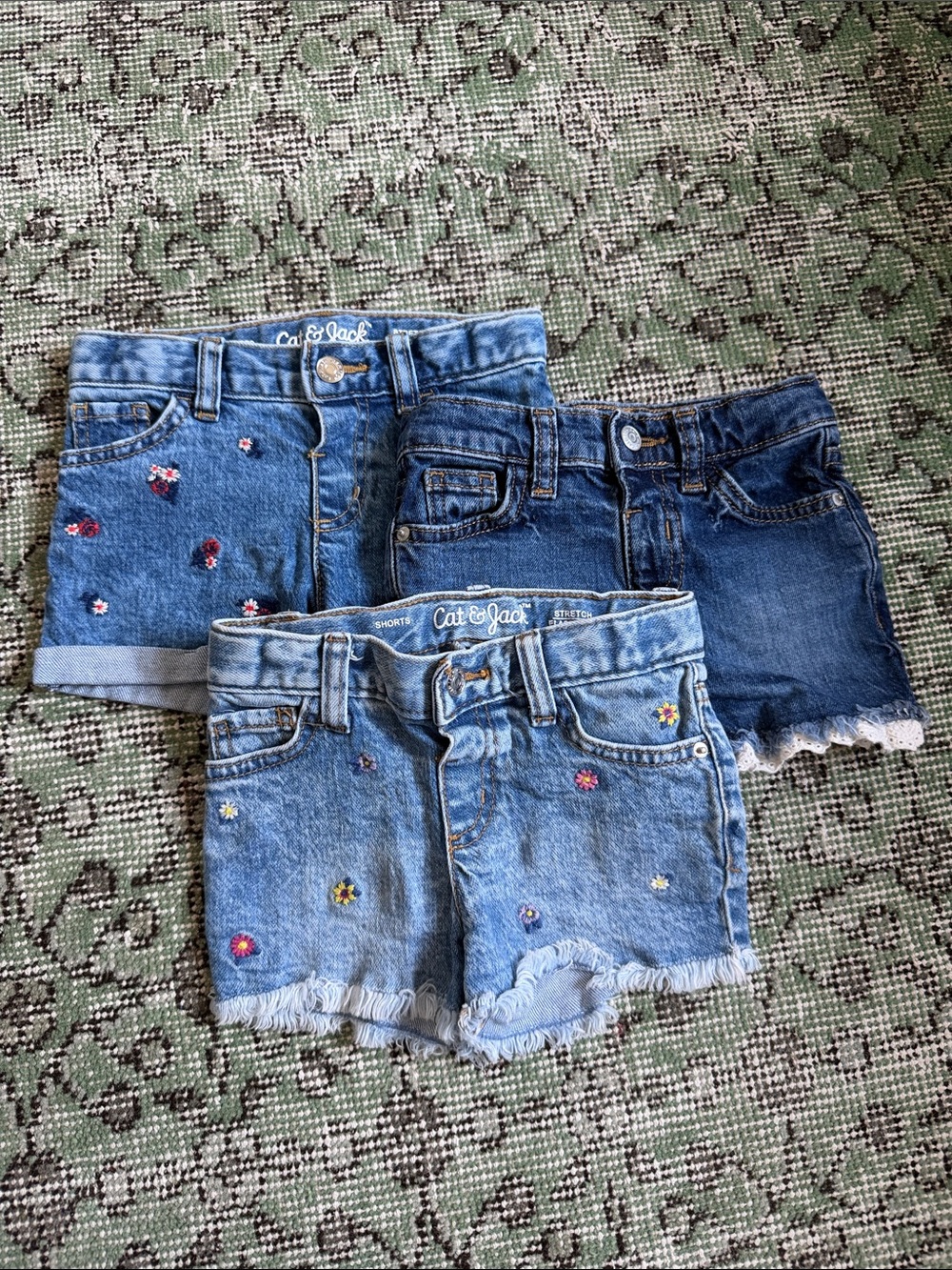 Cat & Jack Girls' Floral Embroidered Denim Shorts - Light & Dark Blue